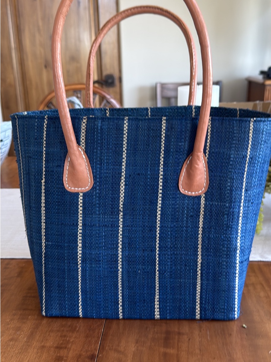 Navy Striped Woven Tote With Tan Handles
